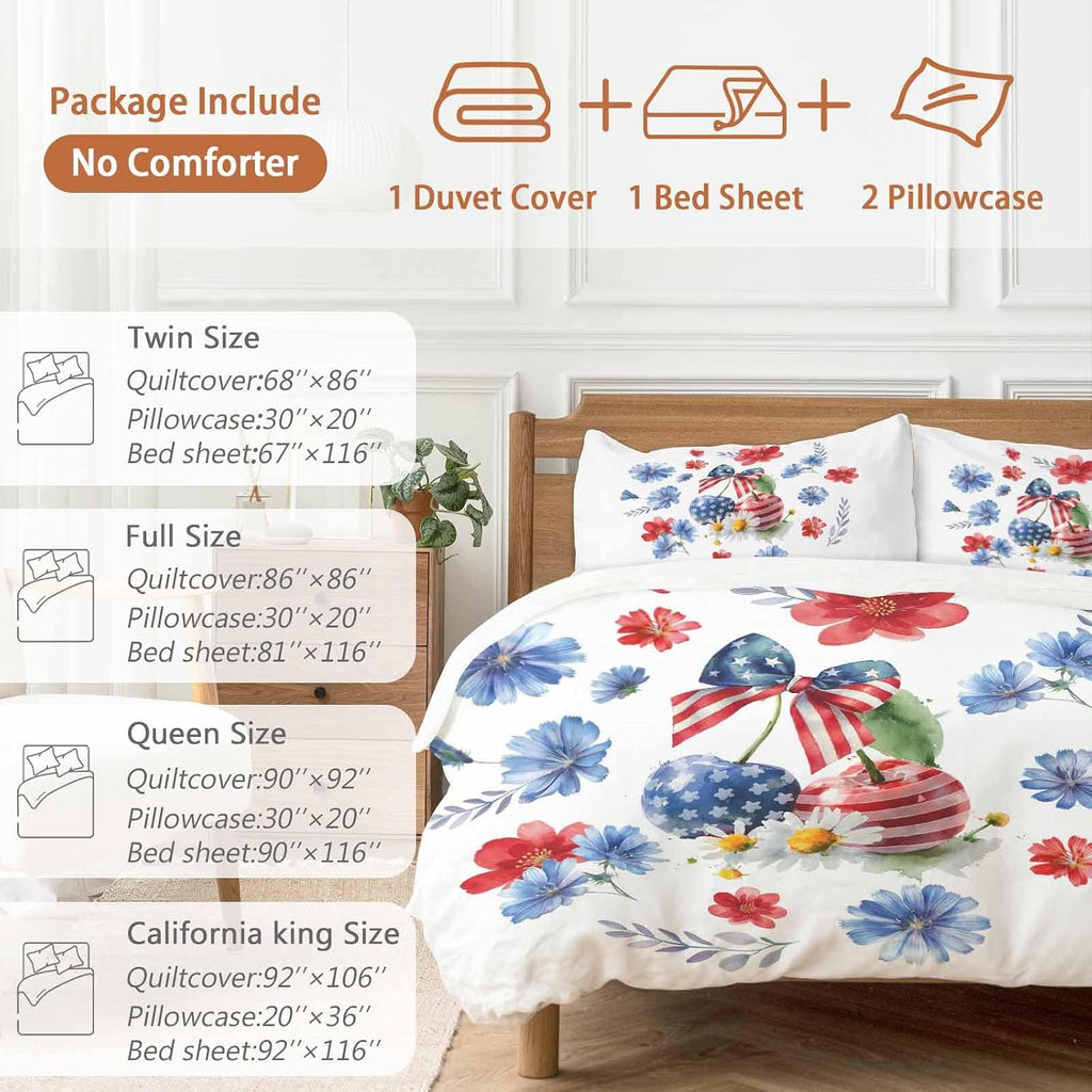 Independence Day Cherry Duvet Cover Set Queen Size 4 Pieces Patriotic Red Blue Star Flower Bow Leaf Bedding Set with Zipper Closure, 1 Comforter Cover 92x106 Inches 1 Flat Sheet & 2 Pillow Cases