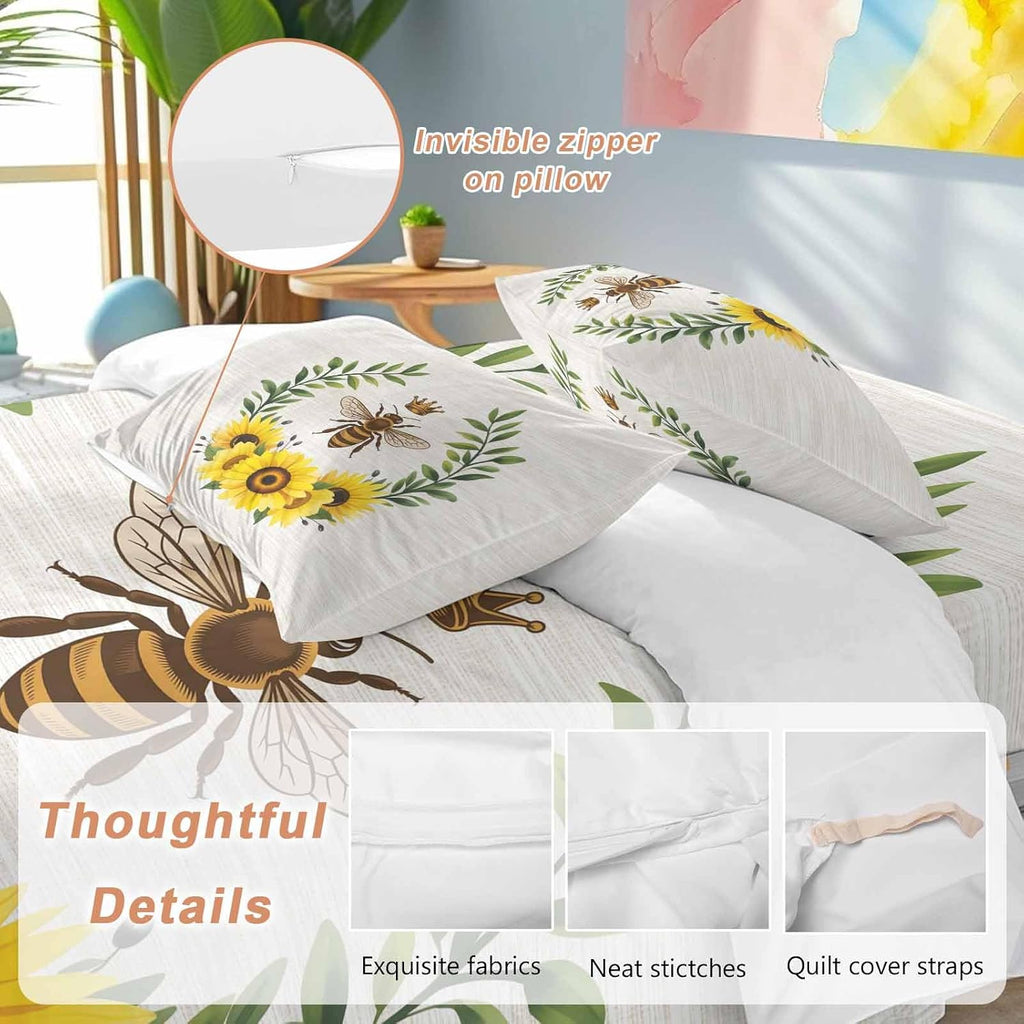 Retro Crown Bee Duvet Cover Set Queen Size 4 Pieces Country Sunflowers Green Leaves Wood Grain Bedding Set with Zipper Closure, 1 Comforter Cover 92x106 Inches 1 Flat Sheet & 2 Pillow Cases