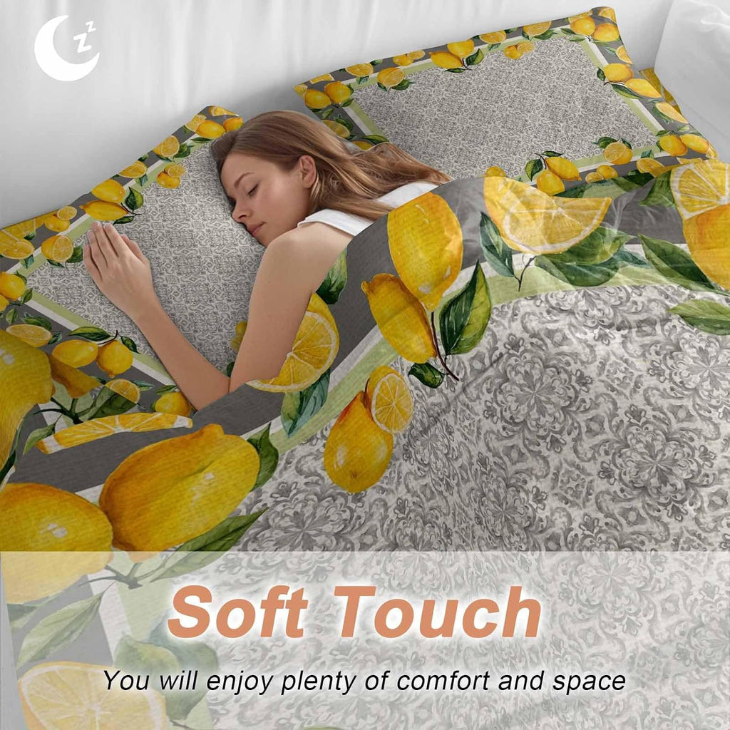 Yellow Lemon Duvet Cover Set Queen Size 4 Pieces Watercolor Fruit Farm Brown Flower Pattern Background Bedding Set with Zipper Closure, 1 Comforter Cover 90x92 Inches 1 Flat Sheet & 2 Pillow Cases