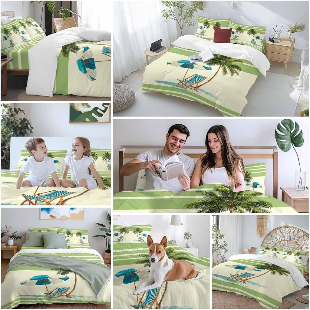 Summer Duvet Cover Set Queen Size 4 Pieces Beach Scene Sun Umbrella Palm Trees Green Yellow Stripe Bedding Set with Zipper Closure, 1 Comforter Cover 90x92 Inches 1 Flat Sheet & 2 Pillow Cases