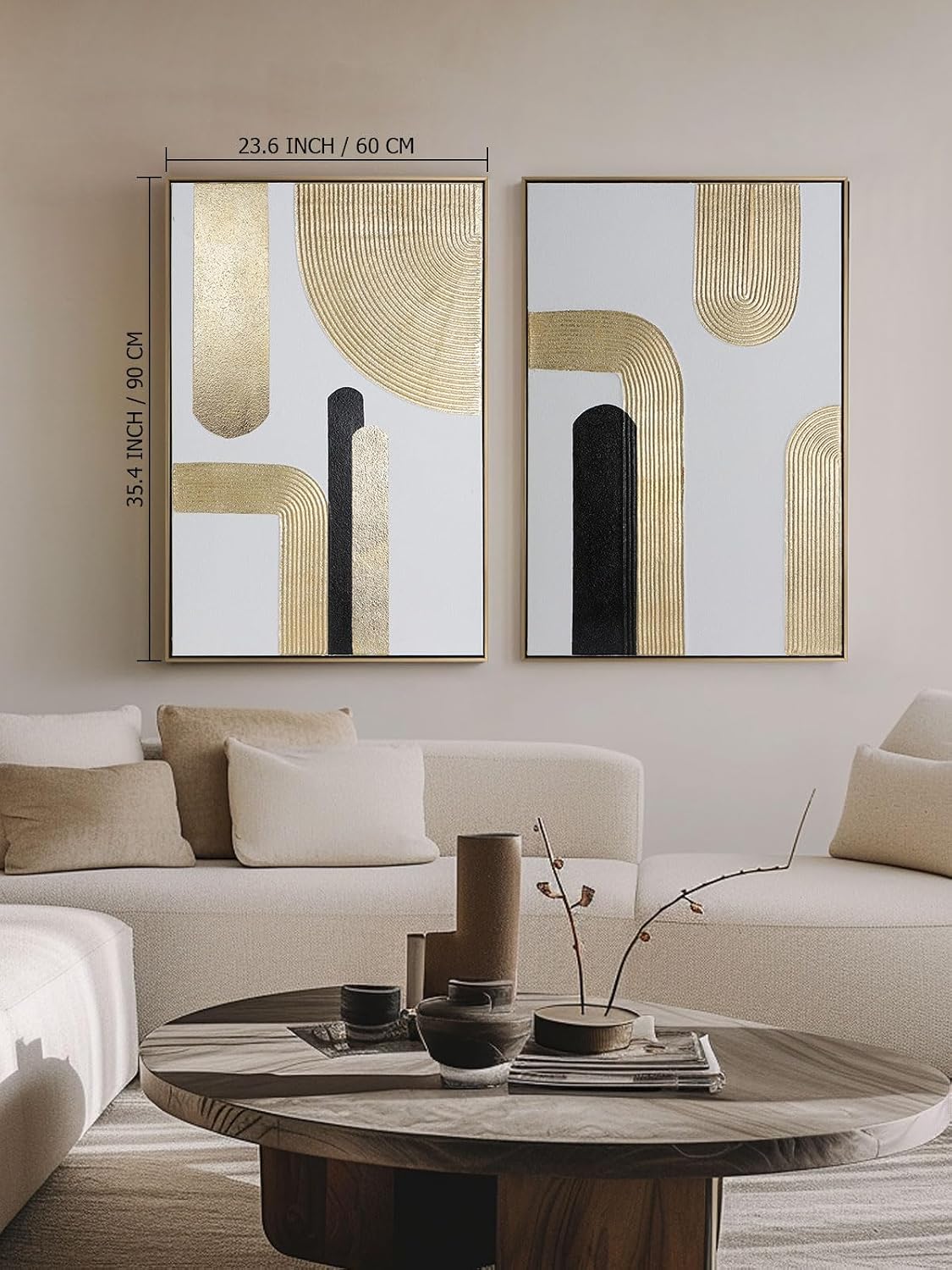 Black Gold Abstract Wall Art - Hand-Painted Geometric Line Spiral Duo Abstract Shapes Canvas Artwork Decor, Set of 2, 24 x 36 Inches, Framed Wall Art
