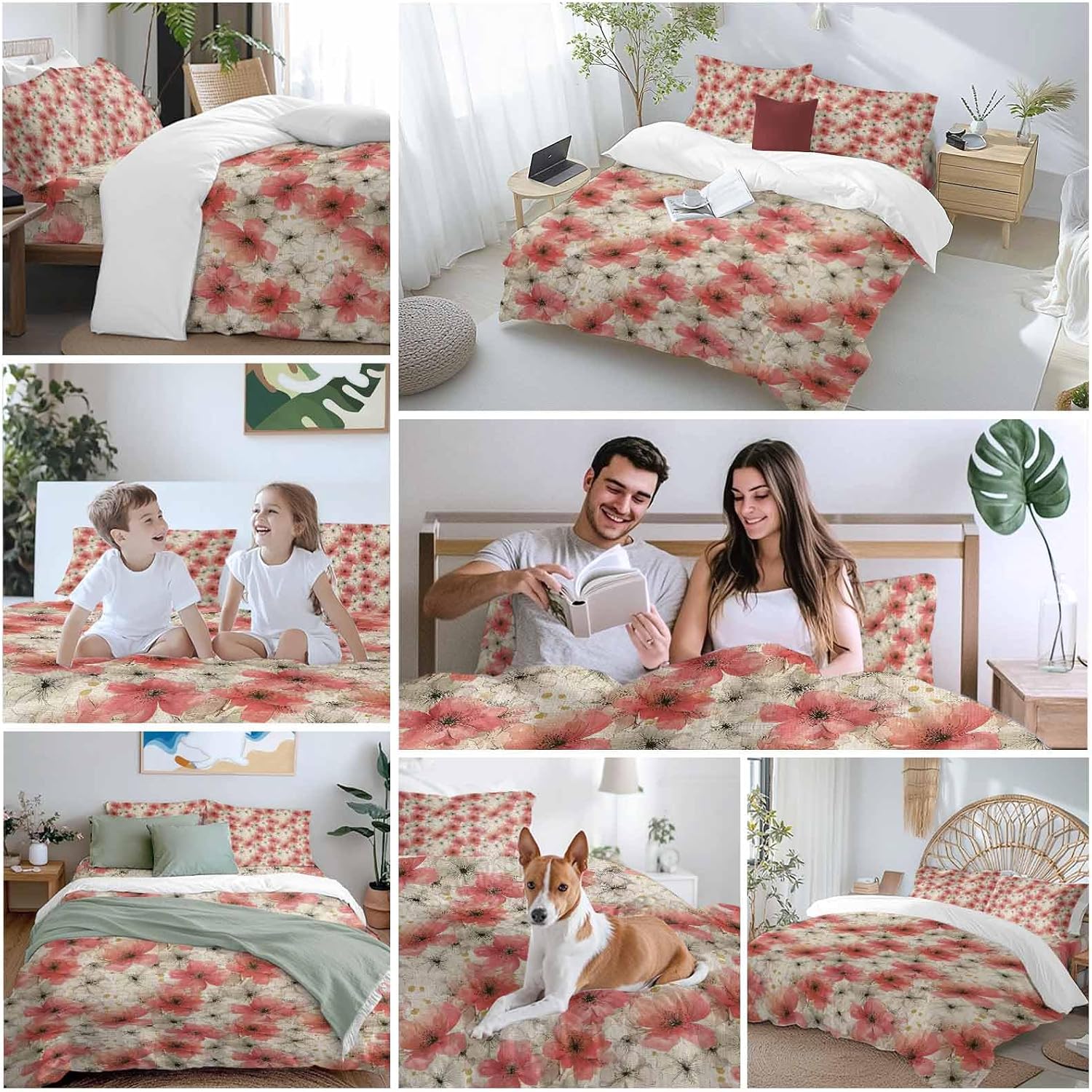 Spring Florals Duvet Cover Set Queen Size 4 Pieces Red White Floral Vintage Water Ink Painting Bedding Set with Zipper Closure, 1 Comforter Cover 90x92 Inches 1 Flat Sheet & 2 Pillow Cases