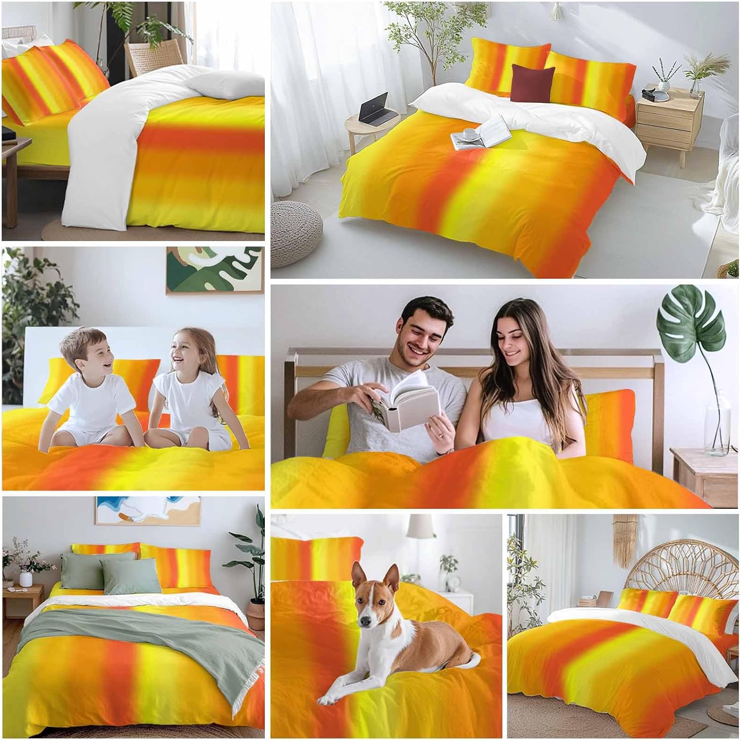 Yellow Orange Red Ombre Duvet Cover Set Queen Size 4 Pieces Minimalist Abstract Stripes Texture Bedding Set with Zipper Closure, 1 Comforter Cover 86x86 Inches 1 Flat Sheet & 2 Pillow Cases