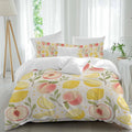 Prime Leader Fruit Leaves Duvet Cover Set Queen Size 4 Pieces Pink Peaches Yellow Lemons Vintage Linen Bedding Set with Zipper Closure, 1 Comforter Cover 90x92 Inches 1 Flat Sheet & 2 Pillow Cases