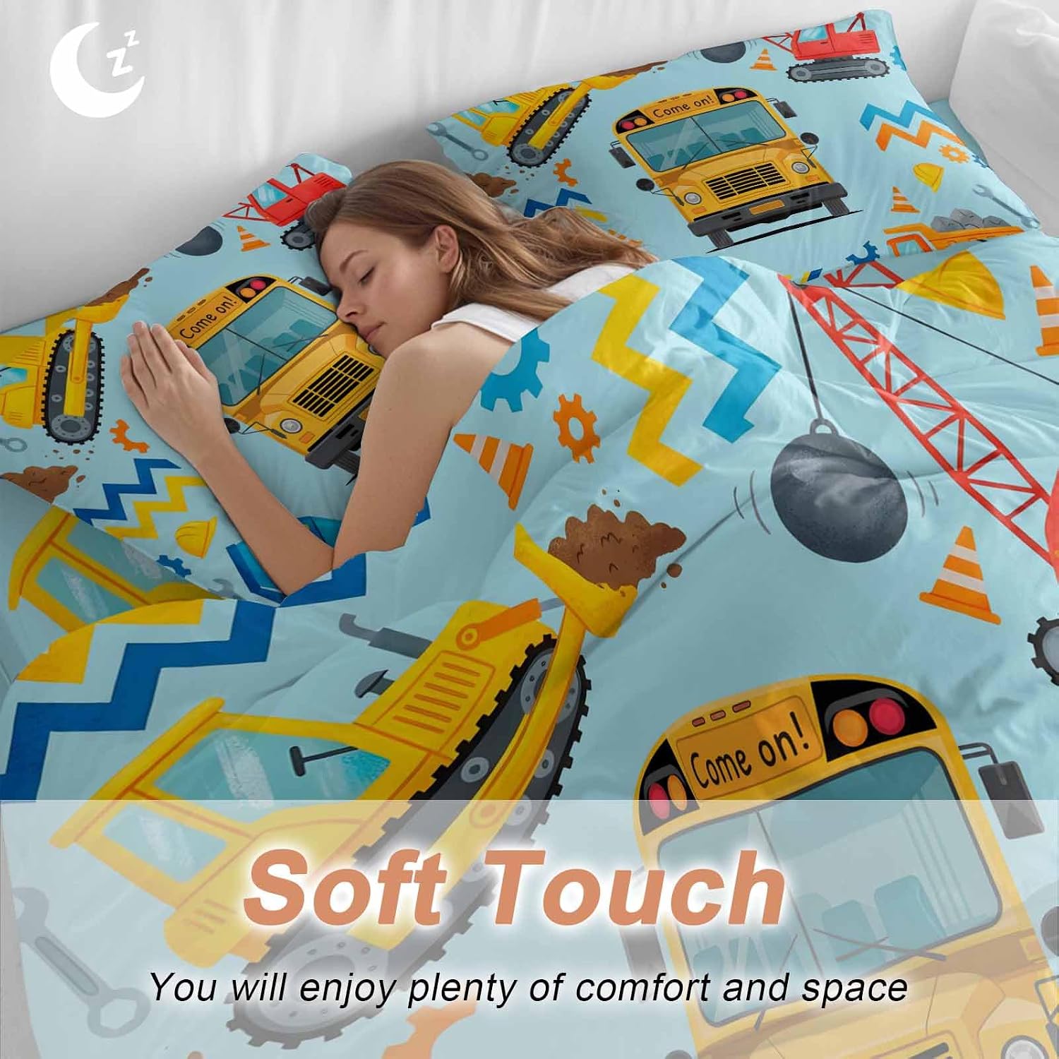 Prime Leader Cartoon Come on Duvet Cover Set Queen Size 4 Pieces Excavator Mixer Truck Wrench Helmet Blue Bedding Set with Zipper Closure, 1 Comforter Cover 86x86 Inches 1 Flat Sheet & 2 Pillow Cases