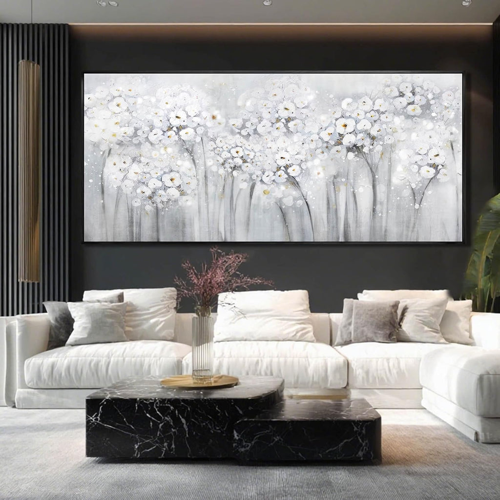 Flower Wood Wall Decor White Wall Art Textured Canvas Painting 32'x70' Decorative Pictures for Bedroom Kitchen Large Artwork