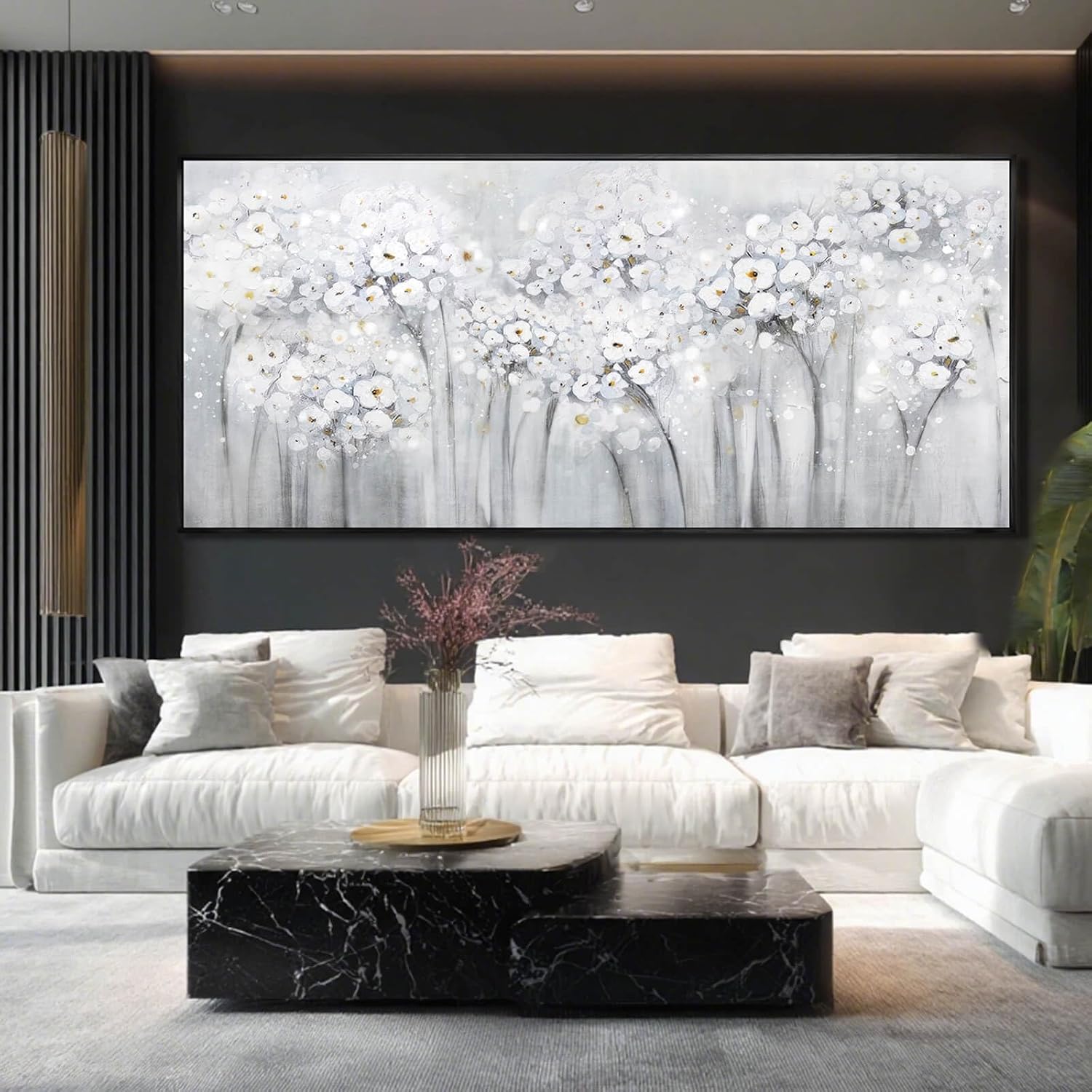 Flower Wood Wall Decor White Wall Art Textured Canvas Painting 32'x70' Decorative Pictures for Bedroom Kitchen Large Artwork