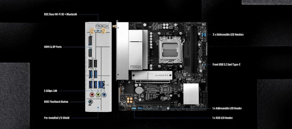 ASRock B850M Rock WiFi Socket AM5 Micro-ATX Motherboard, Supports AMD Ryzen 9000/8000/7000 Series, DDR5 8200+ (OC), PCIe 5.0, WiFi 6E, 2.5G LAN B850