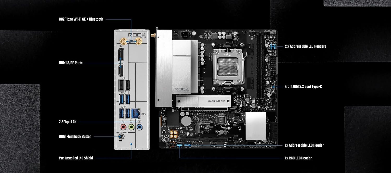 ASRock B850M Rock WiFi Socket AM5 Micro-ATX Motherboard, Supports AMD Ryzen 9000/8000/7000 Series, DDR5 8200+ (OC), PCIe 5.0, WiFi 6E, 2.5G LAN B850