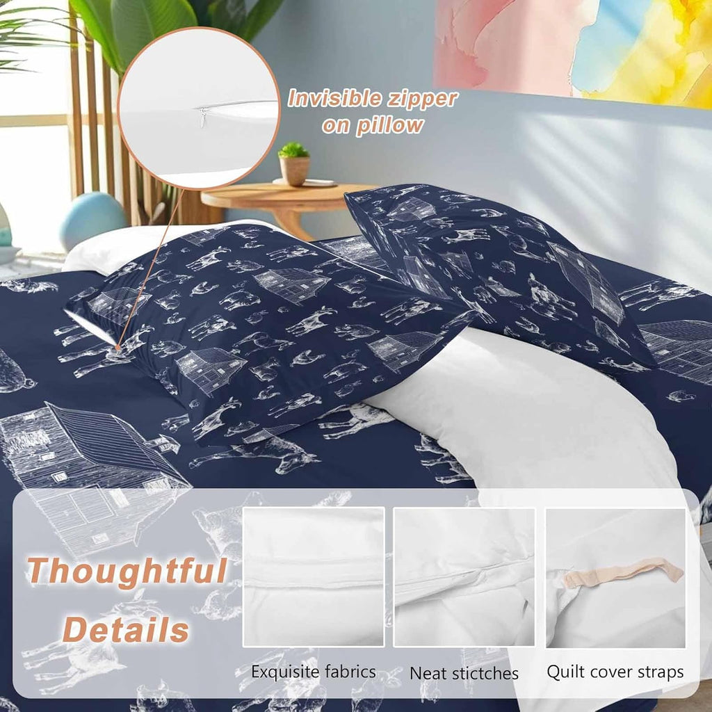 Farm Animals Duvet Cover Set Queen Size 4 Pieces Navy Blue Farmhouse Chicken Cow Sheep Pig House Country Bedding Set with Zipper Closure, 1 Comforter Cover 86x86 Inches 1 Flat Sheet & 2 Pillow Cases