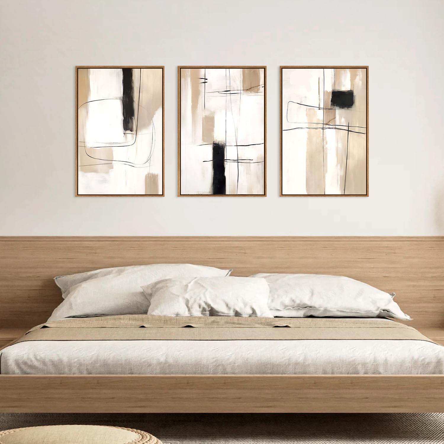 FWIEXA Modern Abstract Canvas Wall Art Set of 3, Framed Neutral Wall Decor, Large Black White Wall Painting, Beige Cream 24x36 Inch Prints Artworks for Living Room, Bedroom, Dining Room, Office