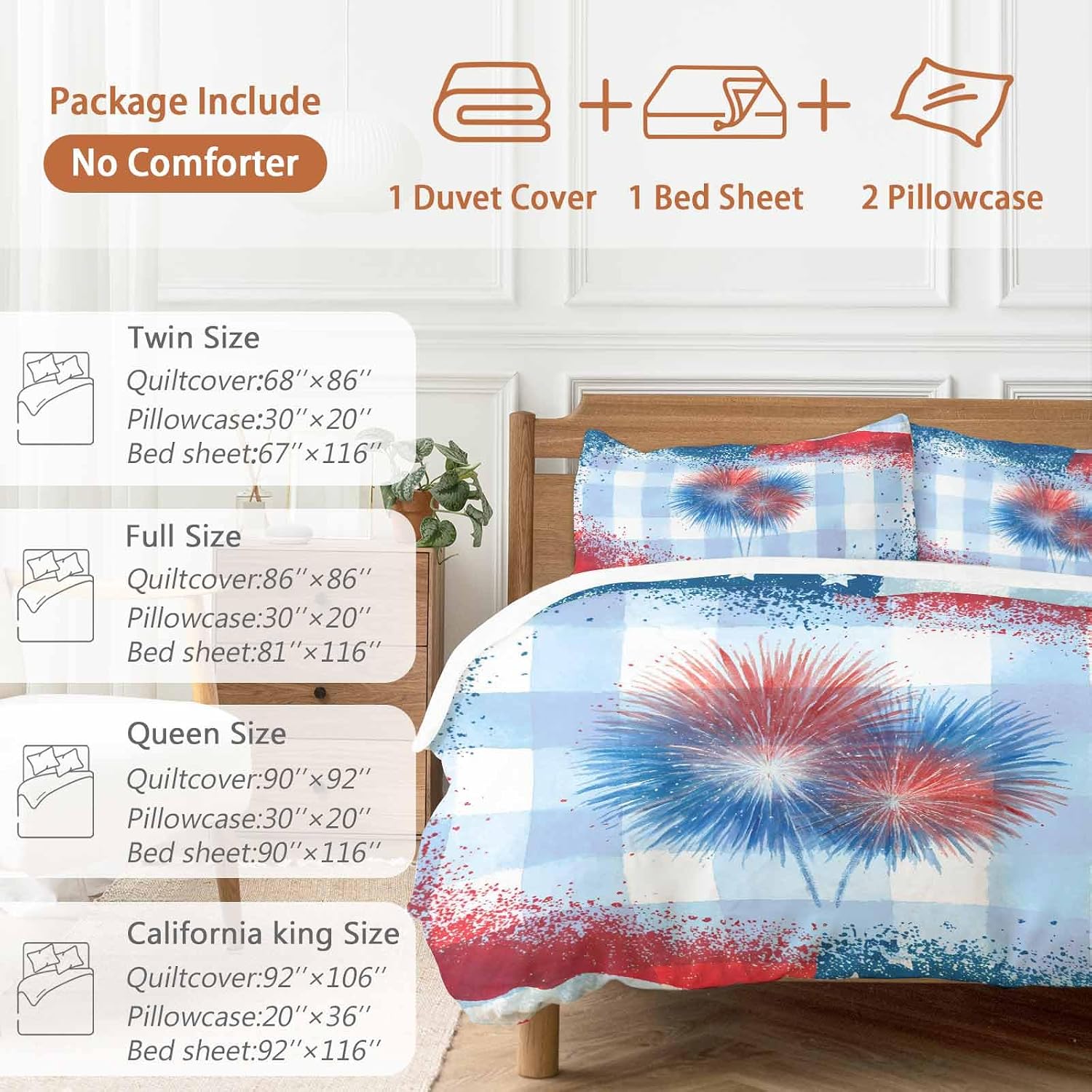 Independence Day Firework Duvet Cover Set Queen Size 4 Pieces 4th of July American Flag Blue Plaid Bedding Set with Zipper Closure, 1 Comforter Cover 86x86 Inches 1 Flat Sheet & 2 Pillow Cases