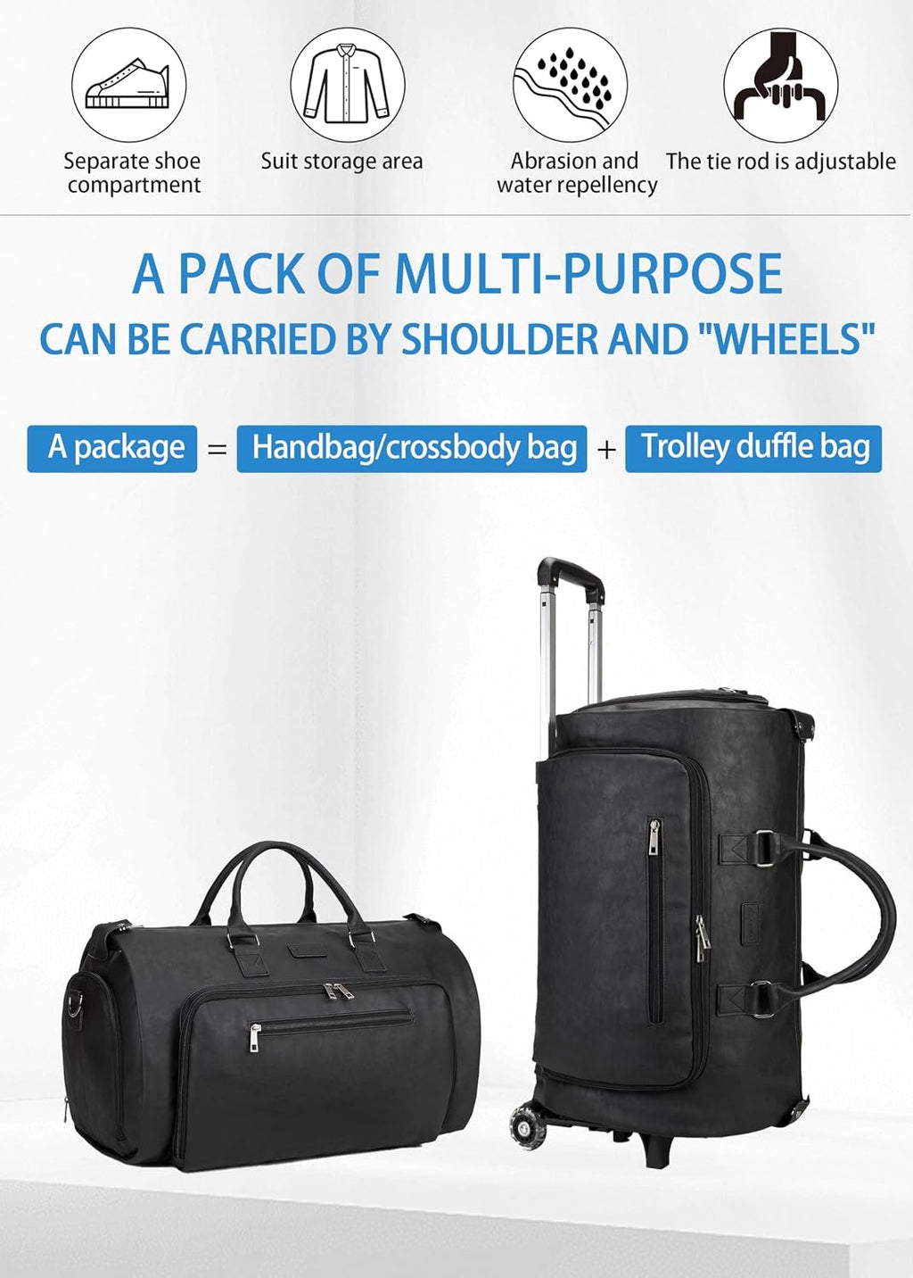 Rolling Garment Bag for Travel. Garment Duffle Bag Luggage Suit for Men and Women. Garment Bag with Wheels