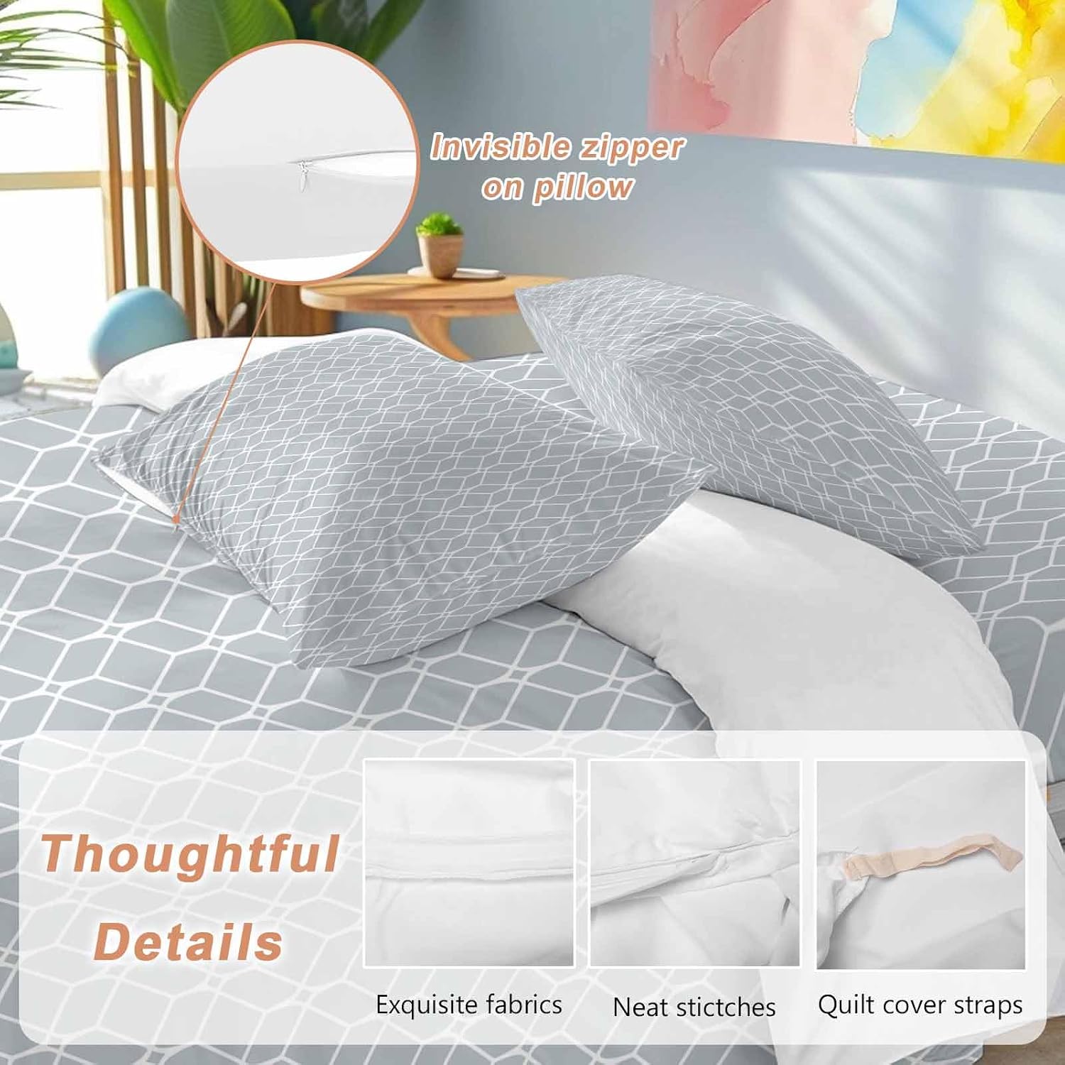 Prime Leader Modern Geometric Duvet Cover Set Queen Size 4 Pieces Grey Color Blocks Abstract Cube Simple Bedding Set with Zipper Closure, 1 Comforter Cover 90x92 Inches 1 Flat Sheet & 2 Pillow Cases