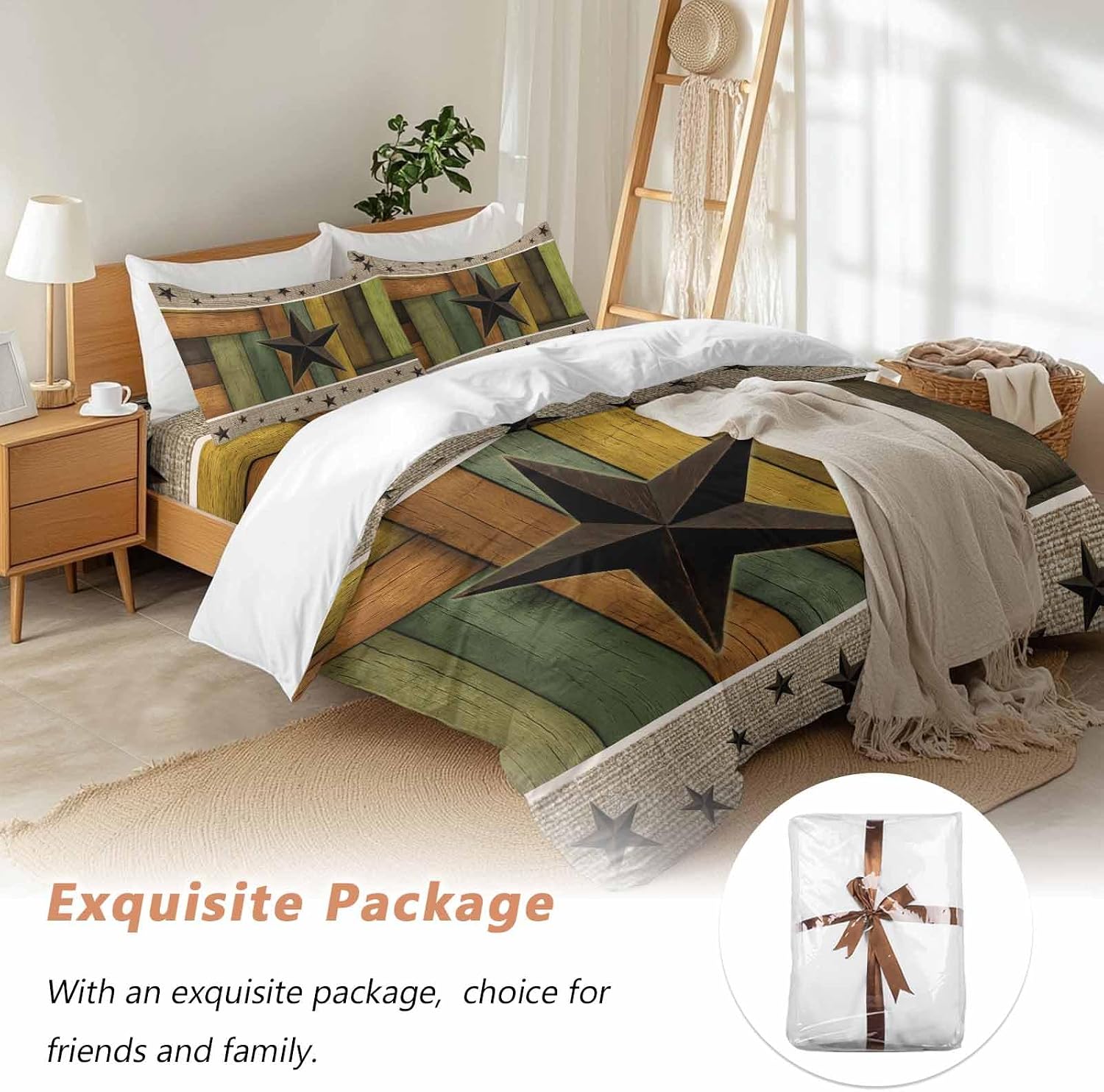 Texas Star Duvet Cover Set Queen Size 4 Pieces Retro Chic Western Texas Star Pattern Wooden Grain Bedding Set with Zipper Closure, 1 Comforter Cover 86x86 Inches 1 Flat Sheet & 2 Pillow Cases