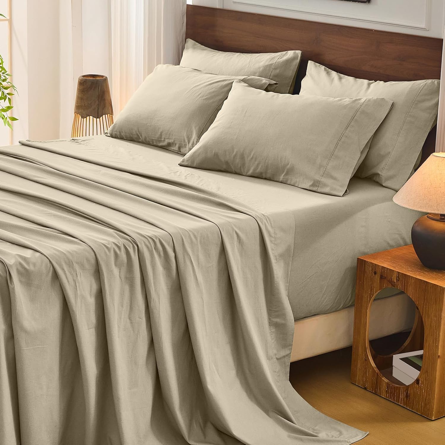 Bedlifes 100% French Flax Linen Sheets Set Queen Size - 6 Piece Extra Deep Pocket 18-24',Soft Breathable Queen Bed Sheets with Temperature Regulating & Moisture-Wicking(Taupe