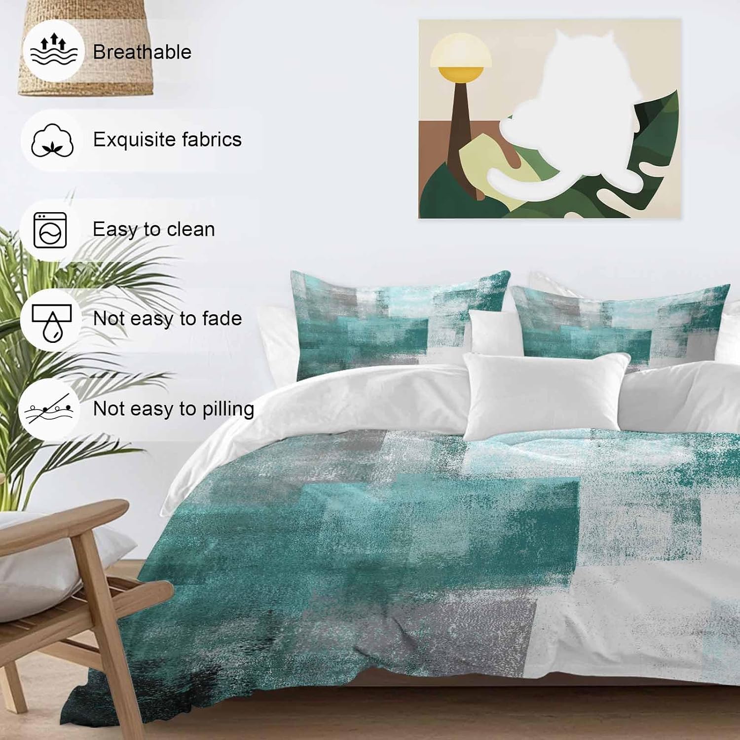 Abstract Art Duvet Cover Set Queen Size 4 Pieces Gradient Turquoise Vintage Minimalist Style Bedding Set with Zipper Closure, 1 Comforter Cover 92x106 Inches 1 Flat Sheet & 2 Pillow Cases