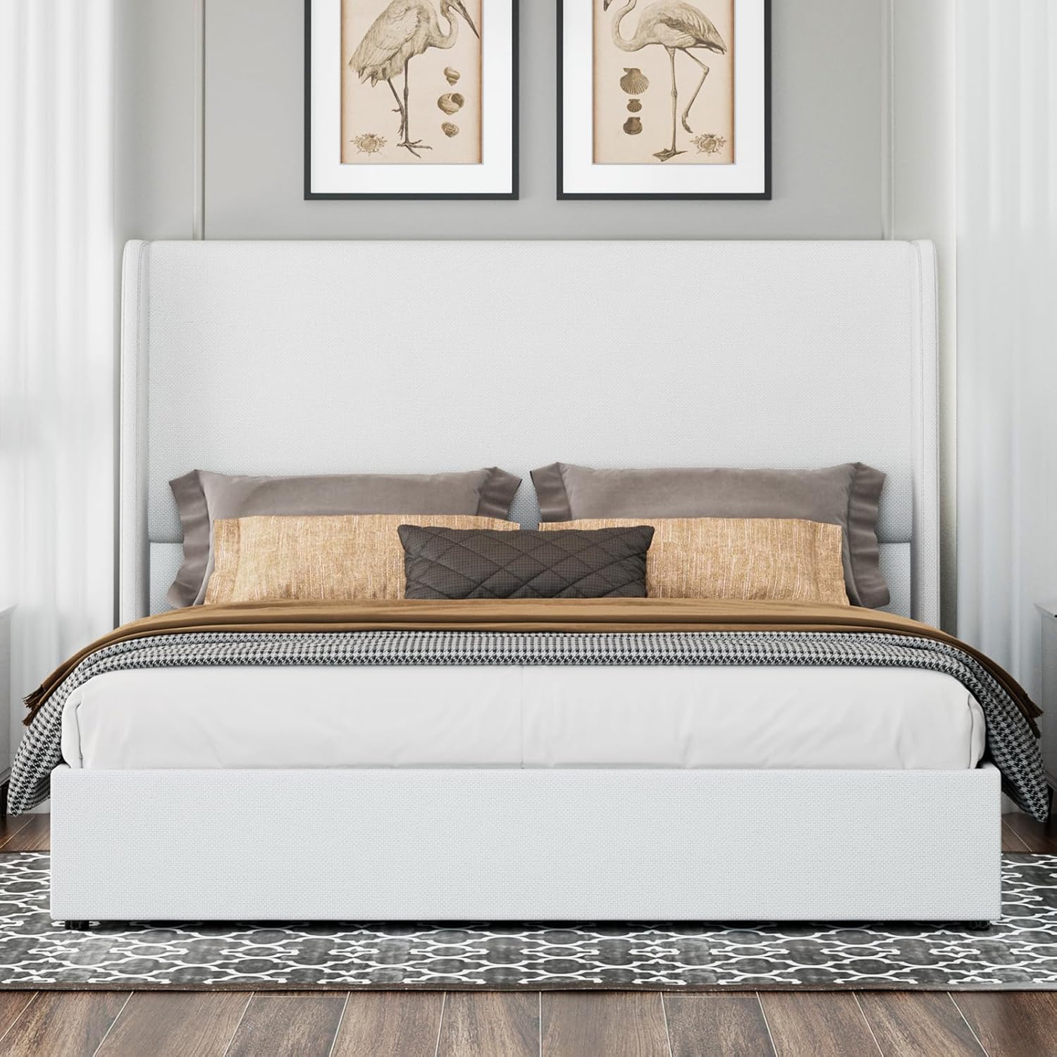 Jocisland Queen Size Bed Frame Lift Up Storage Bed Linen Upholstered Bed Frame with Hydraulic Storage/Wingback Headboard/No Box Spring Needed/White