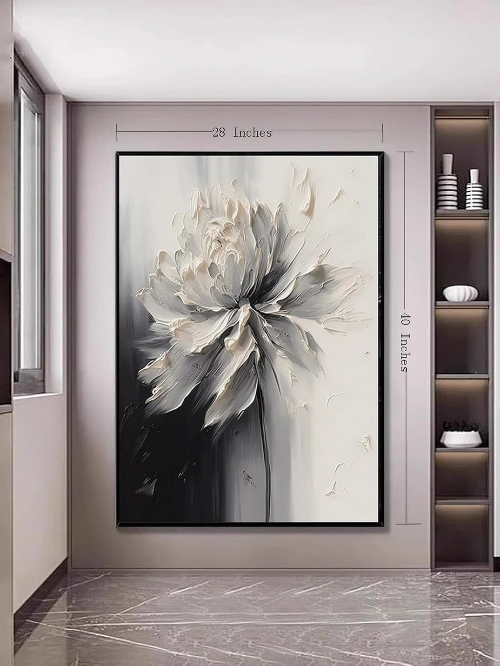 Hand Painted White And Black Flower Canvas Wall Art for Living Room,Large Framed Floral Oil Painting for Bedroom, Modern 3D Floral Artwork Wall Decor for Office Home Decor 28' x 40'
