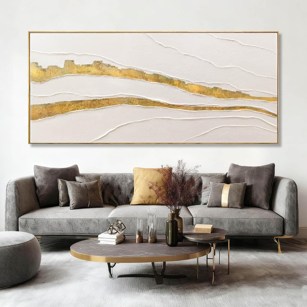 VAYIMDH White and Gold Oil Painting Wall Art Abstract Wall Decor Line Hanging Art 32'x70' Large Artwork for Living Room Decorative Pictures for Office