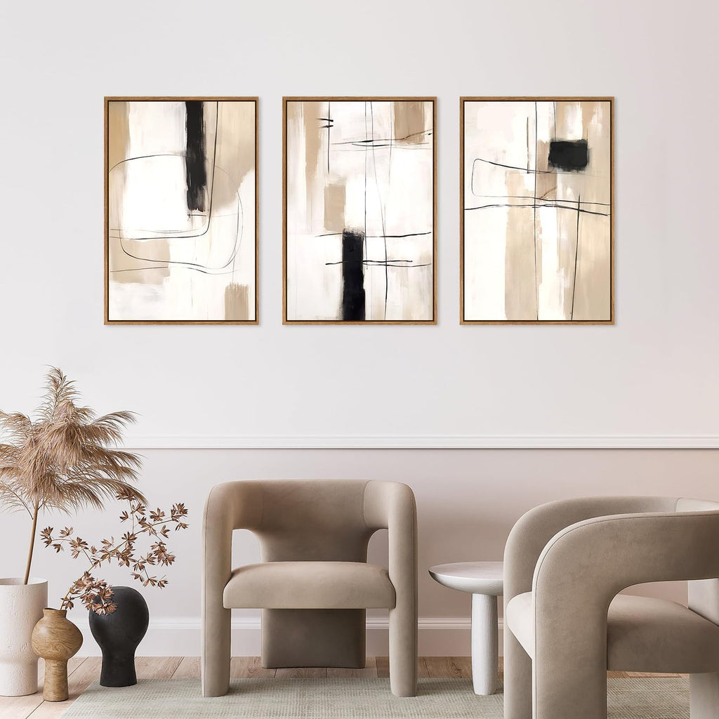 FWIEXA Modern Abstract Canvas Wall Art Set of 3, Framed Neutral Wall Decor, Large Black White Wall Painting, Beige Cream 24x36 Inch Prints Artworks for Living Room, Bedroom, Dining Room, Office