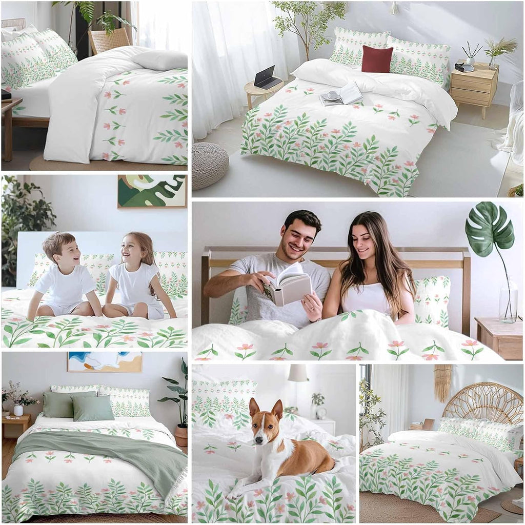 Prime Leader Spring Green Leaf Duvet Cover Set Queen Size 4 Pieces Watercolor Pink Flower Simple Country Bedding Set with Zipper Closure, 1 Comforter Cover 92x106 Inches 1 Flat Sheet & 2 Pillow Cases