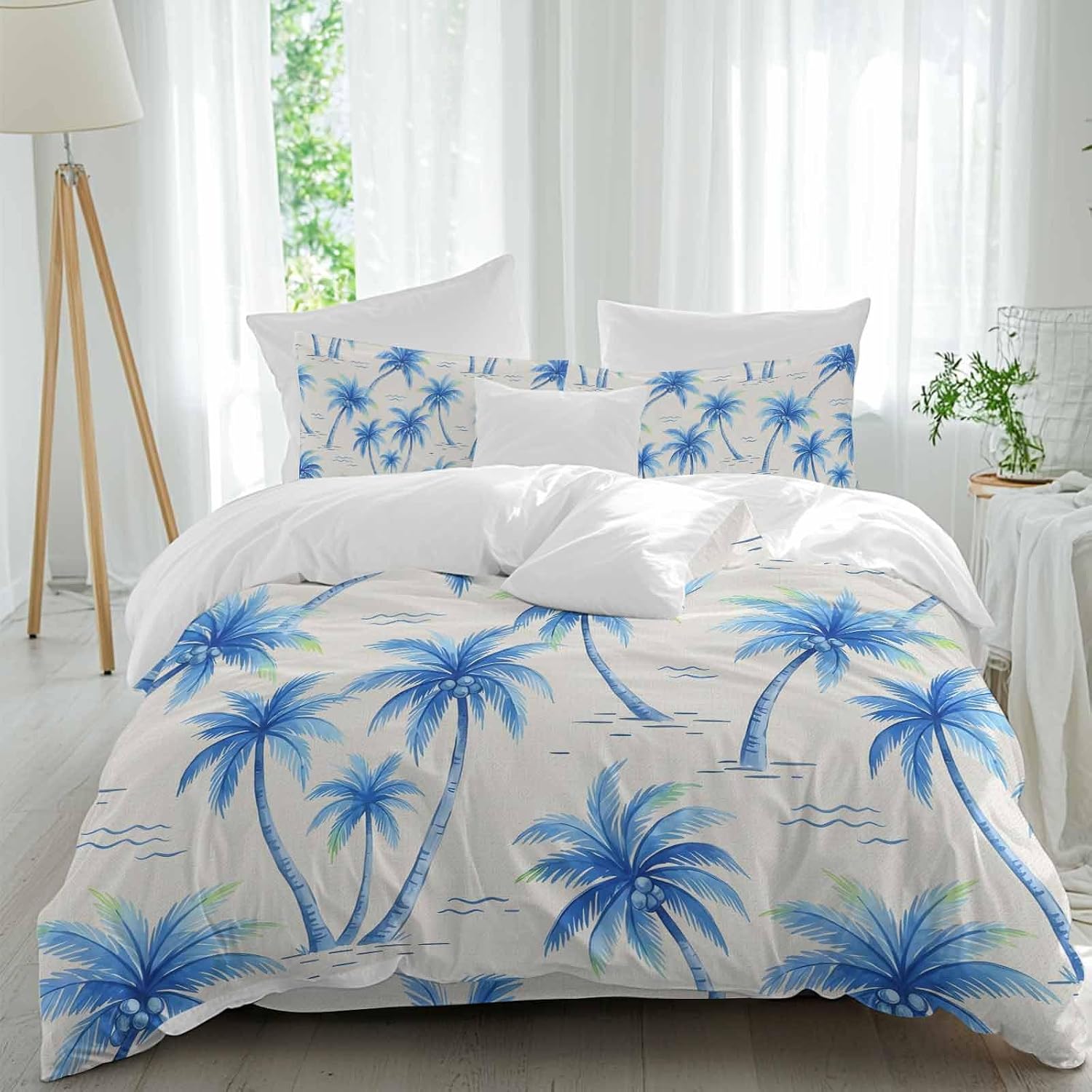 Tropical Plant Duvet Cover Set Queen Size 4 Pieces Blue Palm Trees Watercolor Tree Gradient Summer Bedding Set with Zipper Closure, 1 Comforter Cover 90x92 Inches 1 Flat Sheet & 2 Pillow Cases