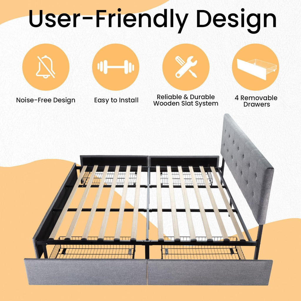 SHA CERLIN Upholstered King Size Platform Bed Frame with 4 Storage Drawers, Adjustable Headboard with Square Stitched Button Tufted Design, Wooden Slat Support, No Box Spring Needed, Light Grey