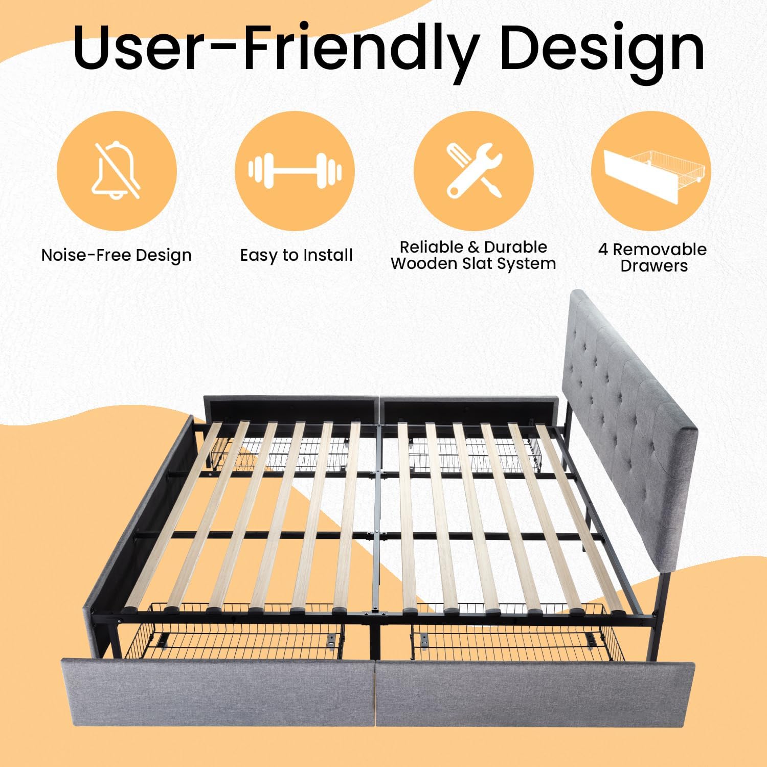 SHA CERLIN Upholstered King Size Platform Bed Frame with 4 Storage Drawers, Adjustable Headboard with Square Stitched Button Tufted Design, Wooden Slat Support, No Box Spring Needed, Light Grey