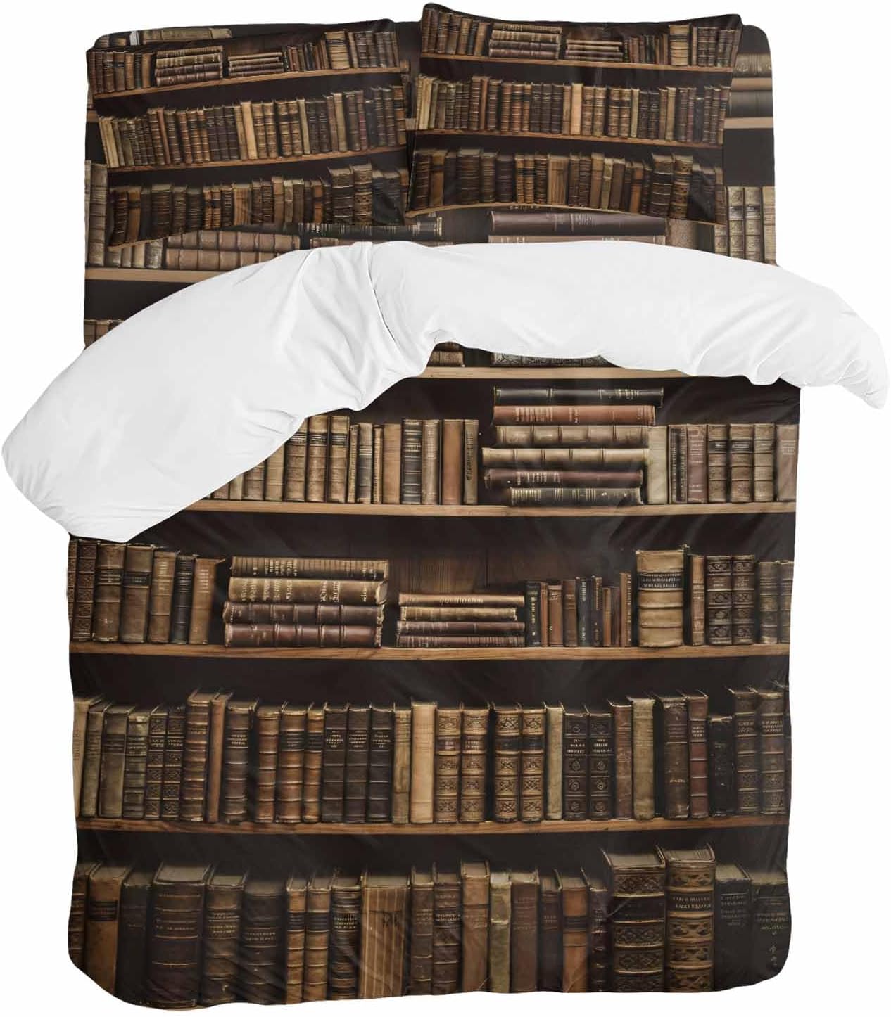 Prime Leader Vintage Bookshelf Duvet Cover Set Queen Size 4 Pieces Library Book Retro Bedding Set with Zipper Closure, 1 Comforter Cover 90x92 Inches 1 Flat Sheet & 2 Pillow Cases