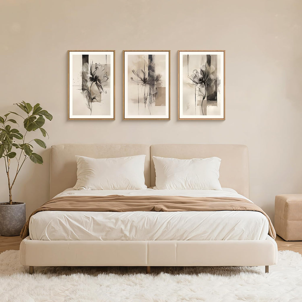 FWIEXA Large Black Beige Floral Canvas Wall Art Set 3, Neutral Abstract Florals Framed Prints, Brushstroke Geometry Line Paintings, 24x36In Watercolor Ink Artwork Poster for Farmhouse, Living Room, Bedroom, Office