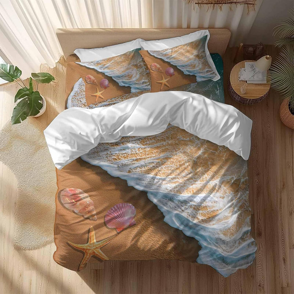 Prime Leader Summer Beach Duvet Cover Set Queen Size 4 Pieces Ocean Waves Conch Starfish Shell Coastal Bedding Set with Zipper Closure, 1 Comforter Cover 86x86 Inches 1 Flat Sheet & 2 Pillow Cases