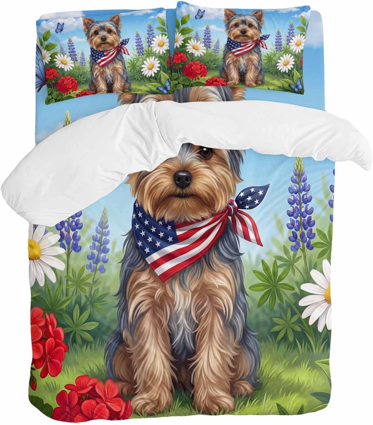 Independence Day Duvet Cover Set Queen Size 4 Pieces Watercolor U. S. Flag Cute Yorkshire Butterfly Bedding Set with Zipper Closure, 1 Comforter Cover 90x92 Inches 1 Flat Sheet & 2 Pillow Cases