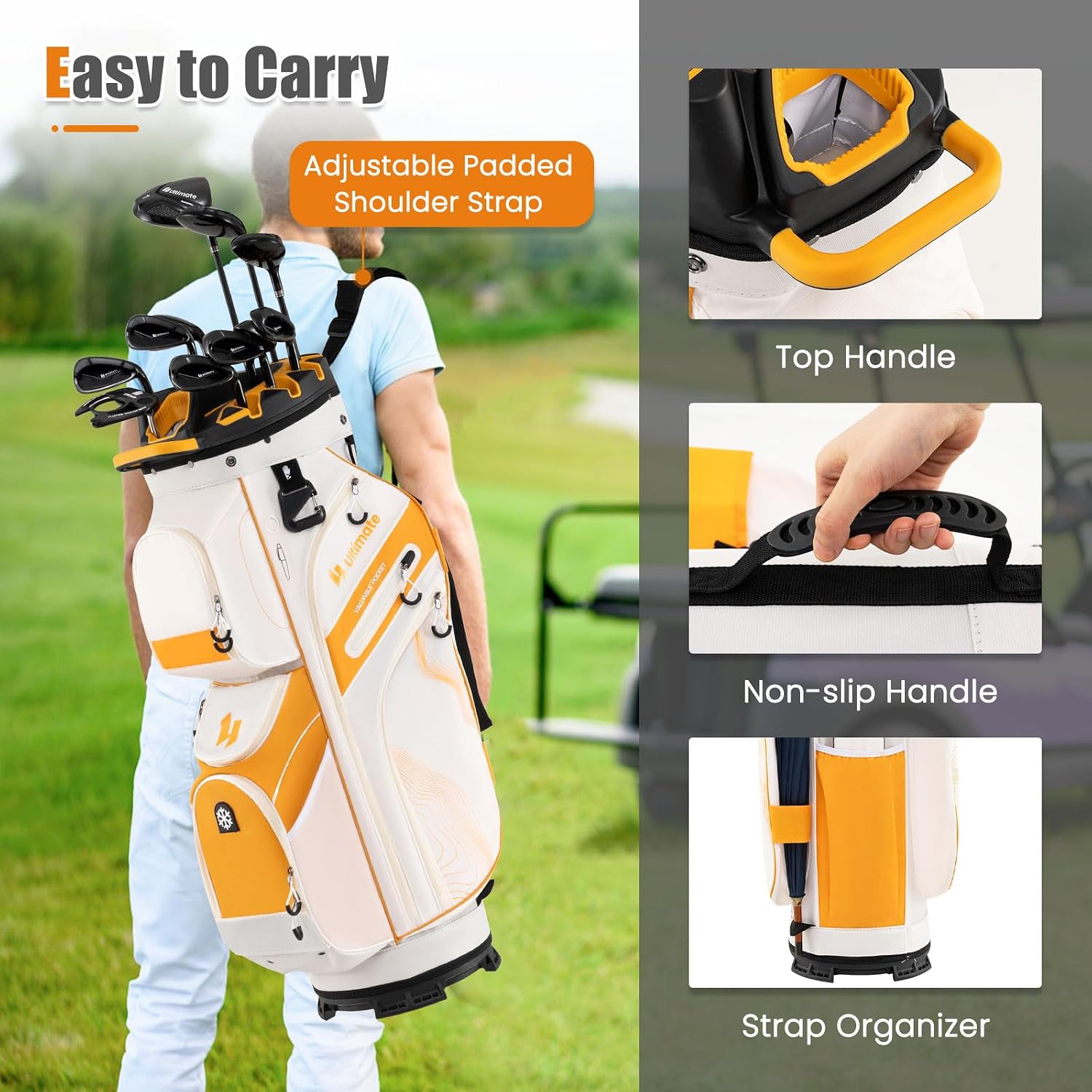 ULTIMATE 14-Way Golf Cart Bag, Golf Bag w/Molded Lock Top & Full Length Dividers, Portable Golf Club Bag w/11 Pockets, Cooler Bag, Padded Strap & Rain Hood for Men Women