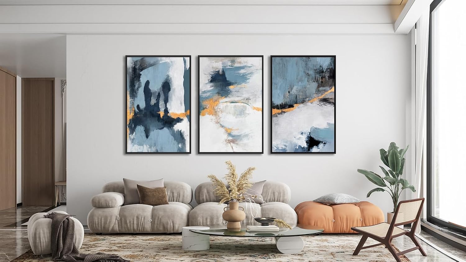 Large Framed Abstract Wall Art - Natural Framed Canvas Pictures for Living Room Modern Canvas Prints Grey Blue for Bedroom, Black Float Frame Art for Home Office Kitchen Decor 24' X 36' X 3pcs