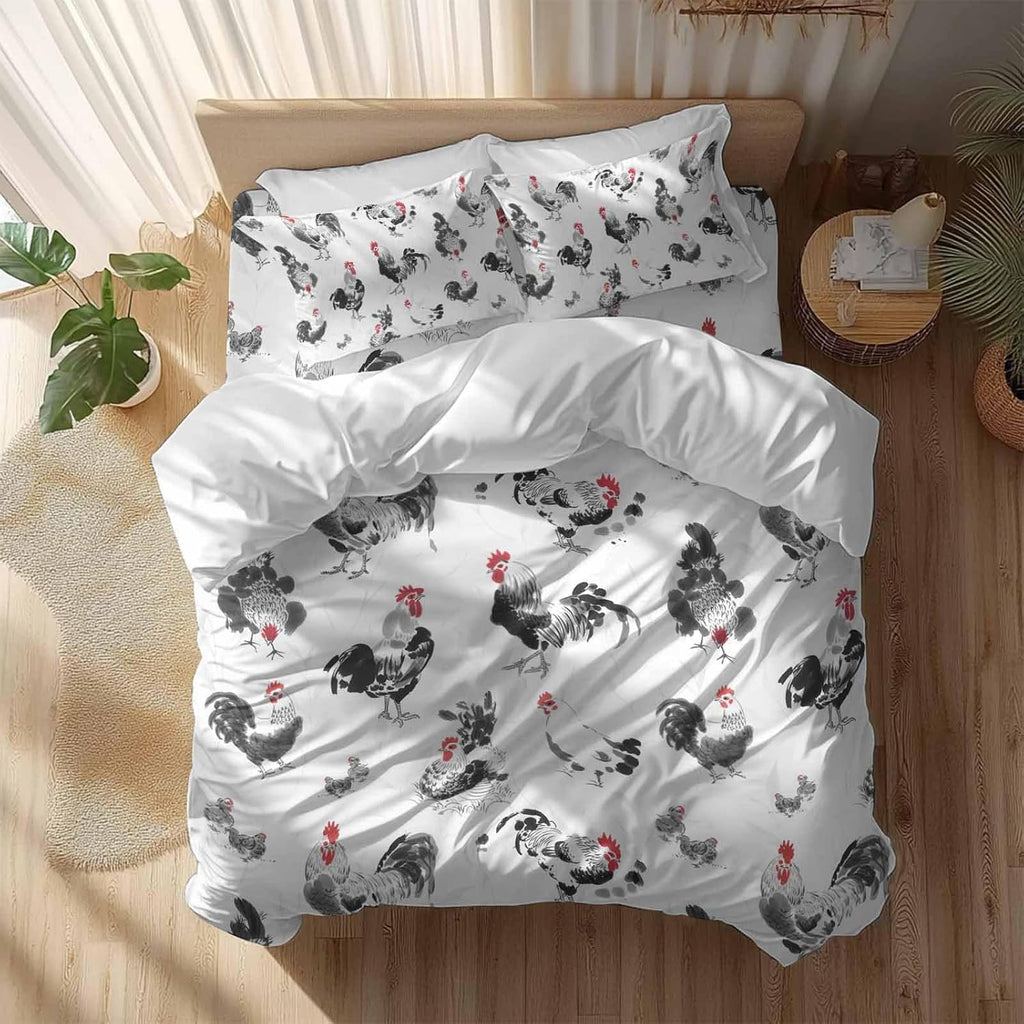 Prime Leader Rooster Hen Duvet Cover Set Queen Size 4 Pieces Watercolor Farm Animal Rustic Black Country Bedding Set with Zipper Closure, 1 Comforter Cover 86x86 Inches 1 Flat Sheet & 2 Pillow Cases