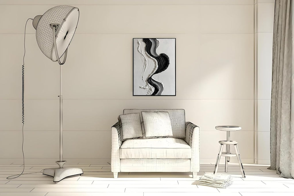 Boiee Art,24x36Inch Abstract Hand Painted Textured Ocean Wave Art on Canvas Minimalist Oil Painting Vertical Modern Black Simply White Framed Artwork