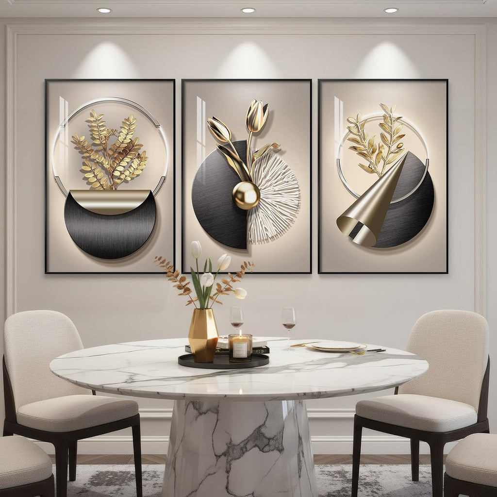 Large Framed Modern Elegant Wall Art for Living Room, 3 Piece Black and Gold Bright Luxury Prints Paintings, Contemporary Elegant Flower and Geometric Pictures for Bedroom Entryway Wall Decor 24x36 In