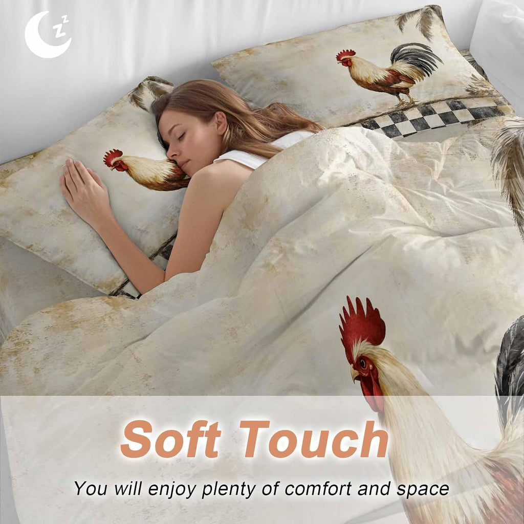 Rooster Chicken Duvet Cover Set Queen Size 4 Pieces Black Plaid Watercolor Vintage Texture Farm Bedding Set with Zipper Closure, 1 Comforter Cover 90x92 Inches 1 Flat Sheet & 2 Pillow Cases