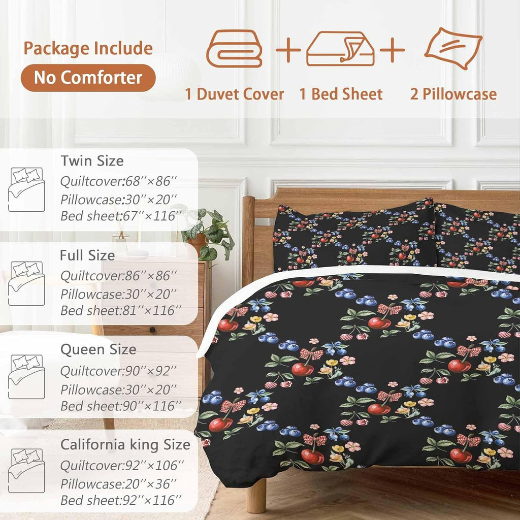 Red Cherry Blueberry Duvet Cover Set Queen Size 4 Pieces Country Farmhouse Flower Green Leaf Black Bedding Set with Zipper Closure, 1 Comforter Cover 90x92 Inches 1 Flat Sheet & 2 Pillow Cases