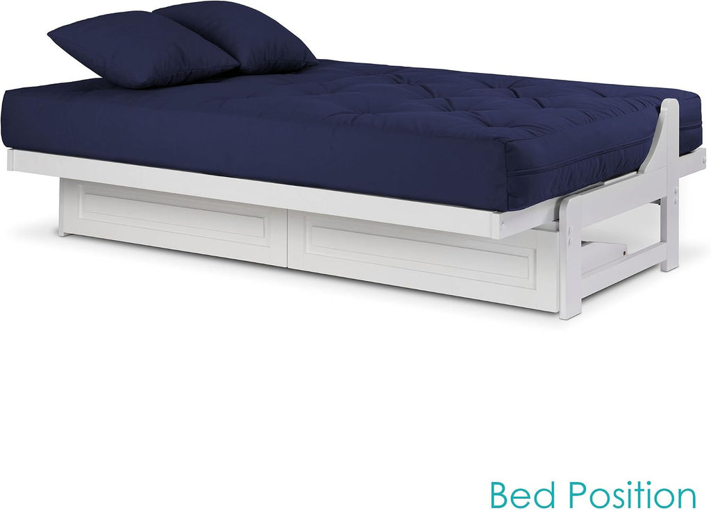 Nirvana Futons Arden White Futon with Storage Drawers Full or Queen Size - Space Saving Armless Design with Comfortable Mattress Included (Twill Navy Blue), Sofa Bed Available in