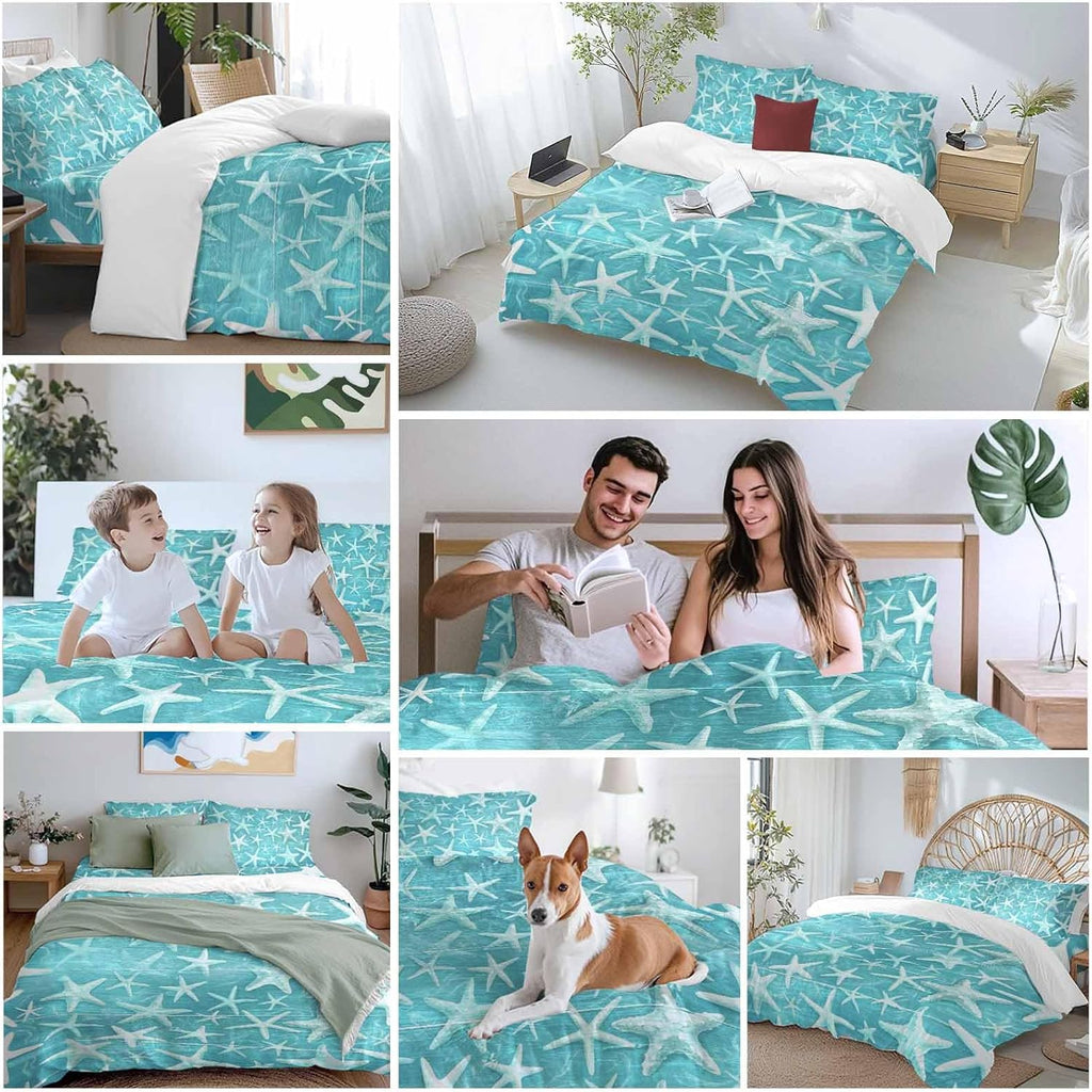Summer Duvet Cover Set Queen Size 4 Pieces Coastal Watercolor Teal White Sea Starfish Wood Grain Bedding Set with Zipper Closure, 1 Comforter Cover 92x106 Inches 1 Flat Sheet & 2 Pillow Cases