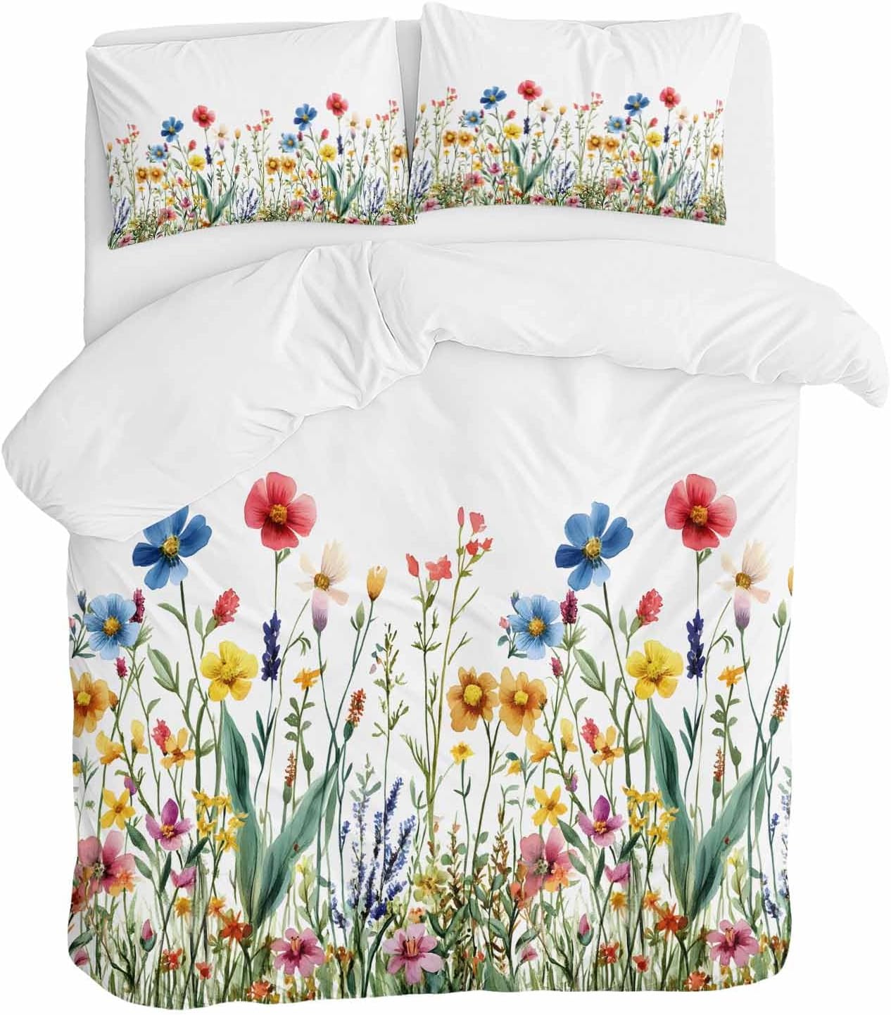 Spring Summer Duvet Cover Set Queen Size 4 Pieces Colorful Wildflower Leaves Sage Green Leaf Bedding Set with Zipper Closure, 1 Comforter Cover 92x106 Inches 1 Flat Sheet & 2 Pillow Cases