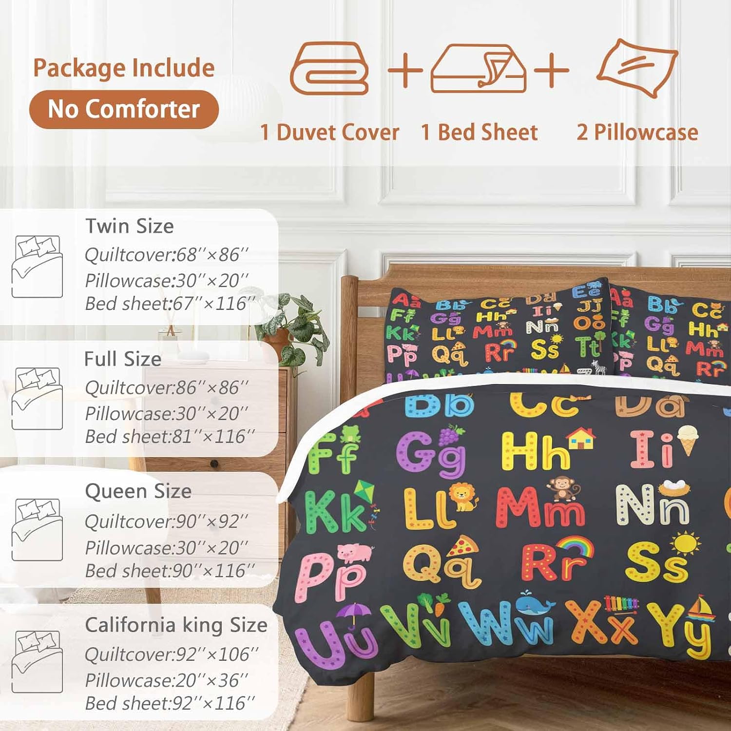 Alphabet Duvet Cover Set Queen Size 4 Pieces American Cartoon Early Education Alphabet Minimalist Mural Bedding Set with Zipper Closure, 1 Comforter Cover 92x106 Inches 1 Flat Sheet & 2 Pillow Cases