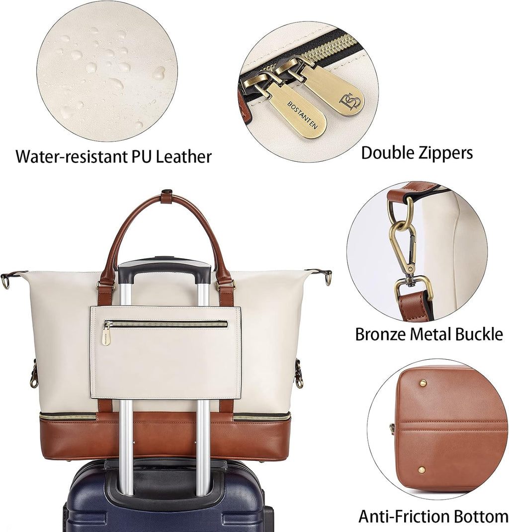 BOSTANTEN Weekender Bags for Women Leather Travel Duffle Bag Carry On Overnight Duffel with Shoe Compartment, Beige&Brown