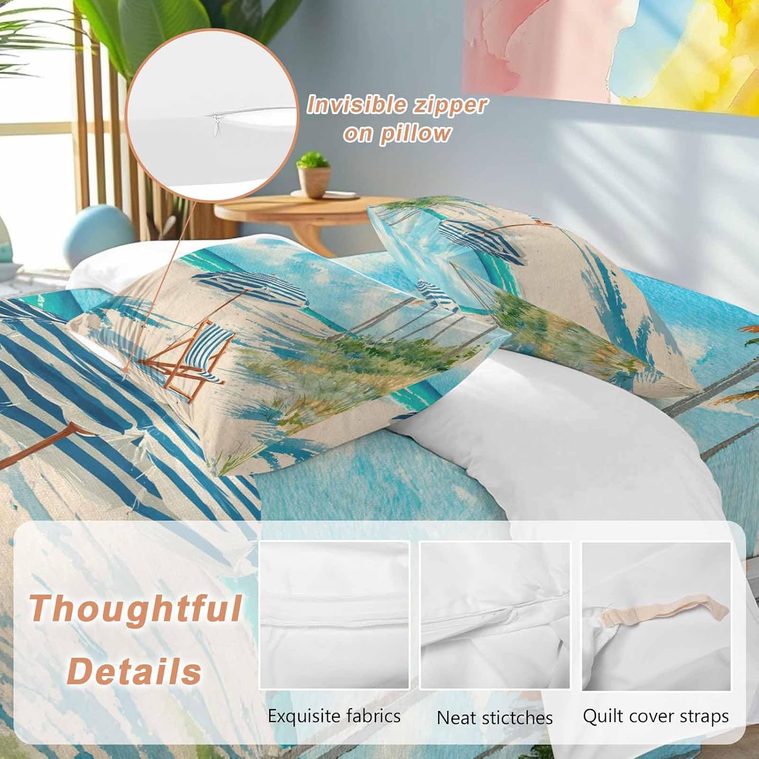 Summer Beach Duvet Cover Set Queen Size 4 Pieces Vintage Sunshade Lounge Chair Coastal Blue Striped Bedding Set with Zipper Closure, 1 Comforter Cover 86x86 Inches 1 Flat Sheet & 2 Pillow Cases
