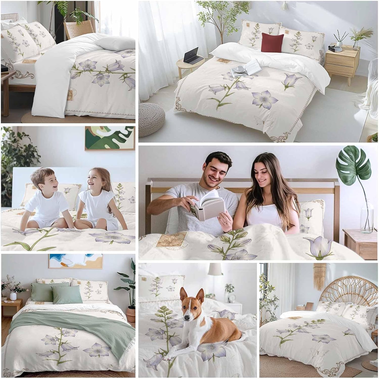 Purple Bellflowers Duvet Cover Set Queen Size 4 Pieces Country Pastoral Watercolor Flowers Green Leaf Bedding Set with Zipper Closure, 1 Comforter Cover 86x86 Inches 1 Flat Sheet & 2 Pillow Cases