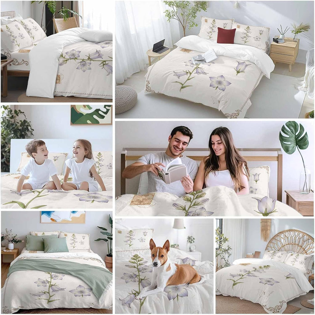 Purple Bellflowers Duvet Cover Set Queen Size 4 Pieces Country Pastoral Watercolor Flowers Green Leaf Bedding Set with Zipper Closure, 1 Comforter Cover 90x92 Inches 1 Flat Sheet & 2 Pillow Cases
