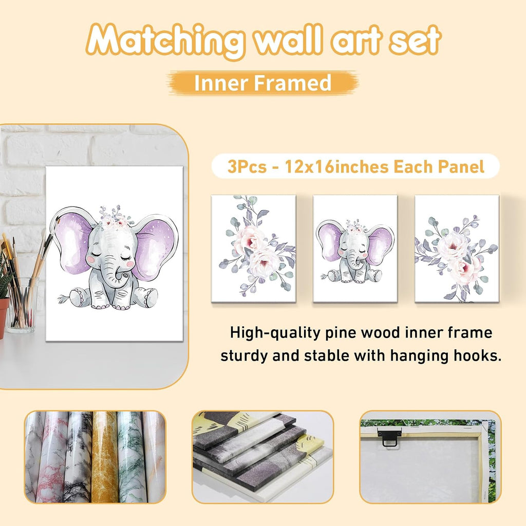 Terwex Personalized Baby Crib Bedding Set, 5 Pcs Custom Name Nursery Bedding Set, Purple Elephants Baby Bedding Set for Girls Boys, Double Layer Baby Crib Sets, Customized Gifts for Toddlers Infants