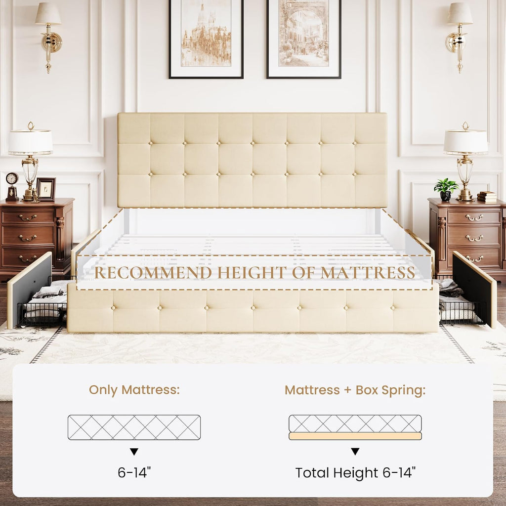 SHA CERLIN Upholstered King Size Platform Bed Frame with 4 Storage Drawers, Adjustable Headboard with Square Stitched Button Tufted Design, Wooden Slat Support, No Box Spring Needed, Beige